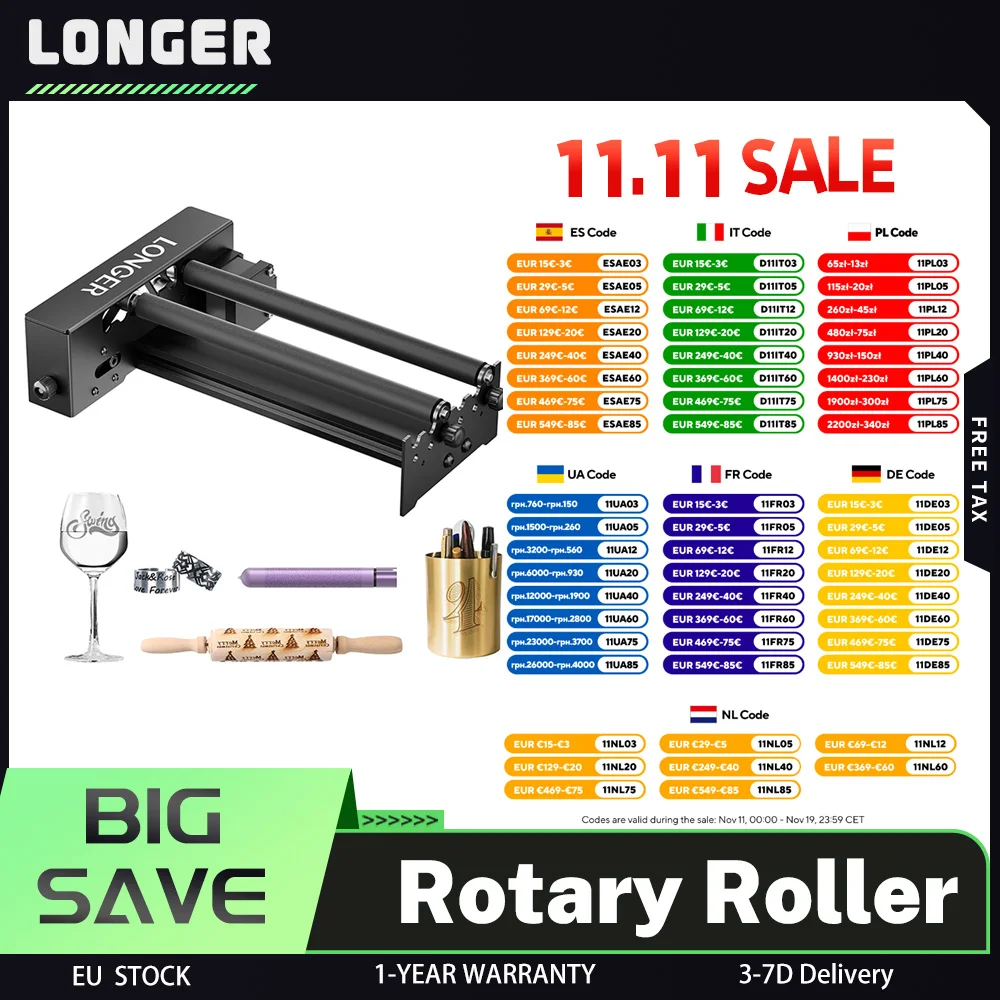 Graveur laser LONGER Rouleau rotatif à axe Y, 360 °   Rotation, diamètres réglables de 6 à 300 mm, durable et polyvalent, énorme espace