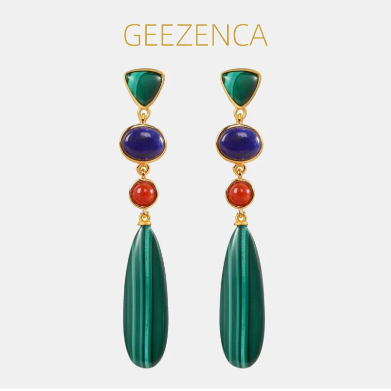 

GEEZENCA 925, серебряные малахитовые ониксы, лапаи, лазурит, агат, длинные висячие серьги, женские модные серьги с геометрическим цветным камнем