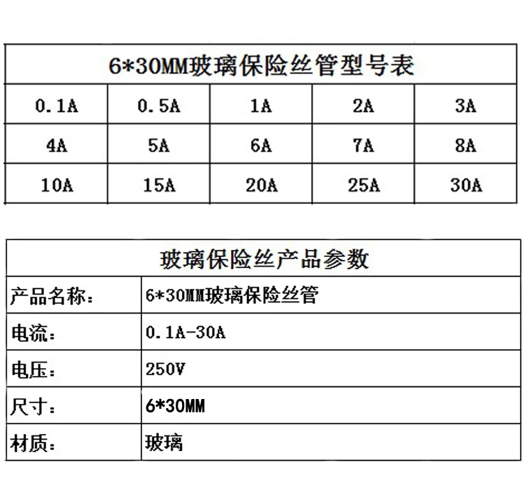 100pcs 6X30mm Slow Blow Glass Tube Fuse Multiple Current Specifications Can Mixed 0.1A 0.5/1/23/4/5/6.3/10/15/20/30A