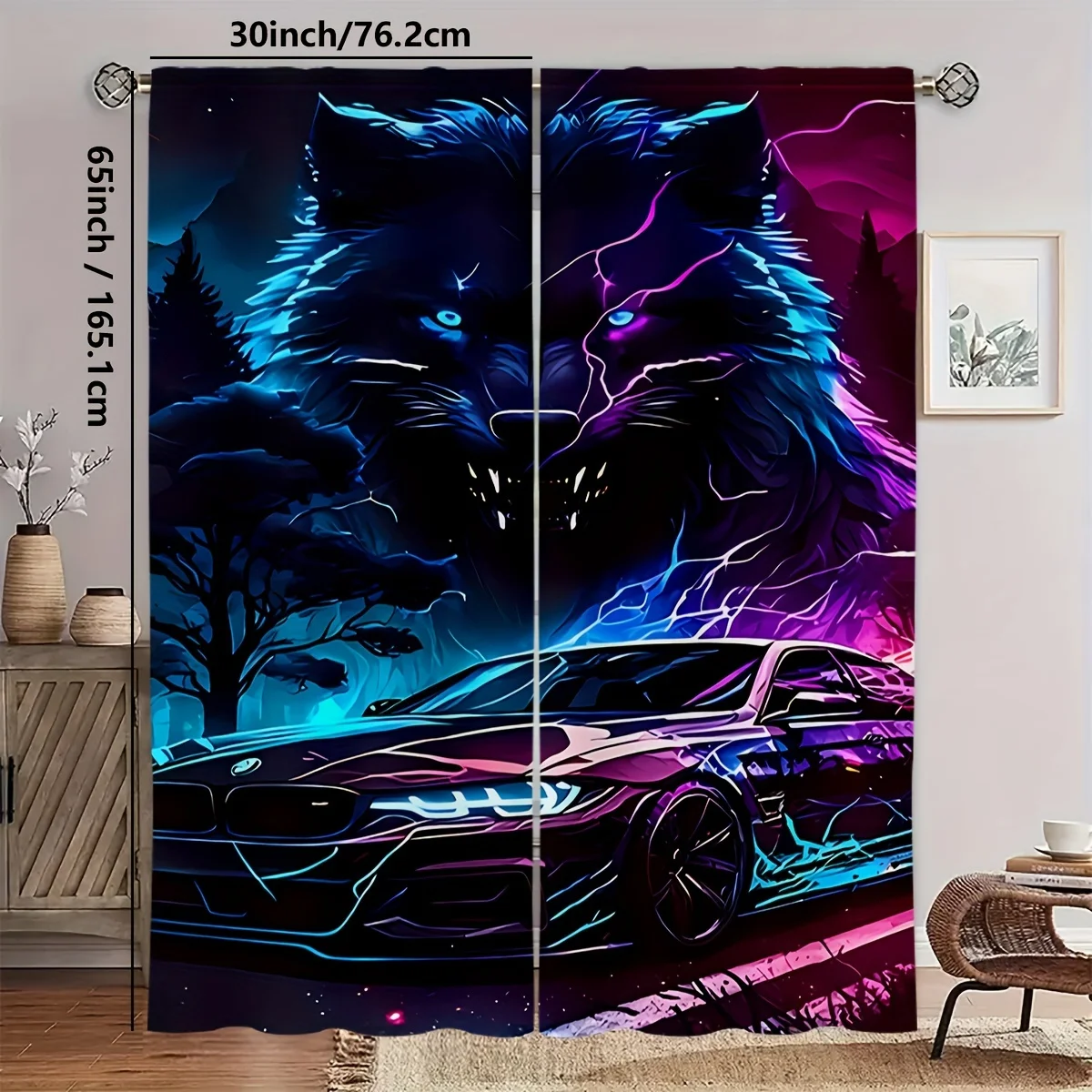 2pcs Set Wolf & Sports Car Design Semi-Sheer Curtains - Polyester, Machine Washable, Rod Pocket for Easy Hanging - Perfect for