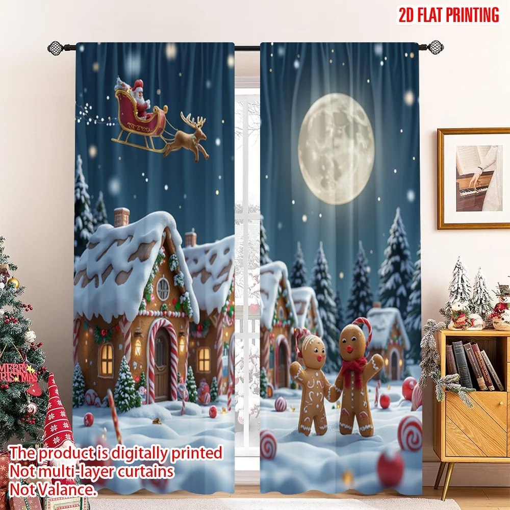 

2pcs 2D flat printing Christmas Curtain Gingerbread Village Christmas Night Polyester Without Electricity 0 Perfect for