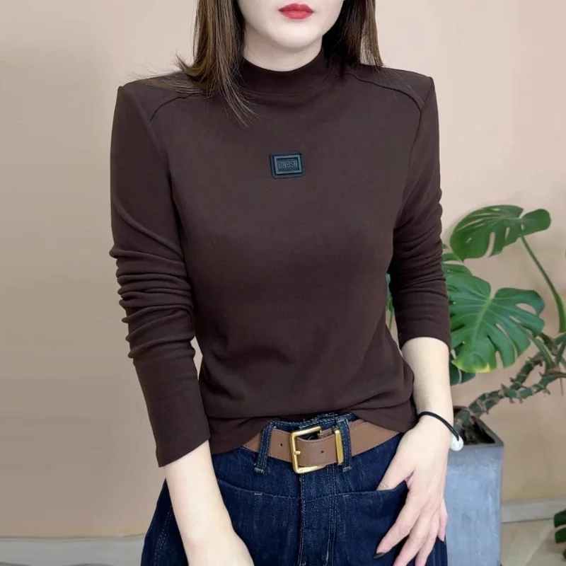Velvet Thickened Winter Warm Bottom Shirt for Women's Top Half Turtle Neck Temperament Slim and Versatile T-shirt for Women