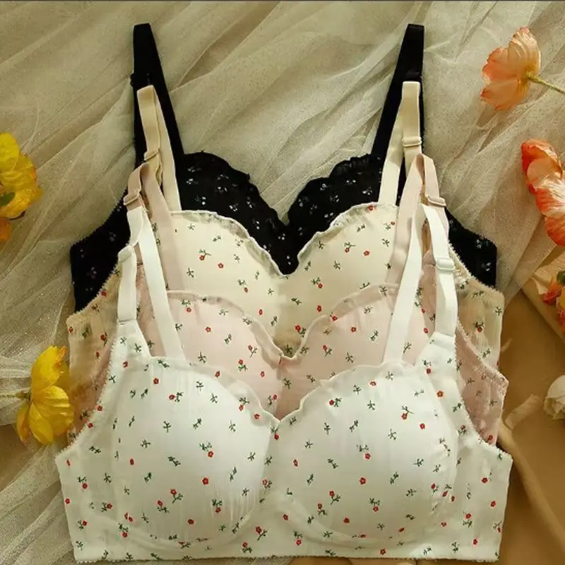 

Японское милое милое нижнее белье для женщин, удобное, маленькая грудь, сборка, тонкий бюстгальтер, беспроводной бюстгальтер, цветочный узор kawayi