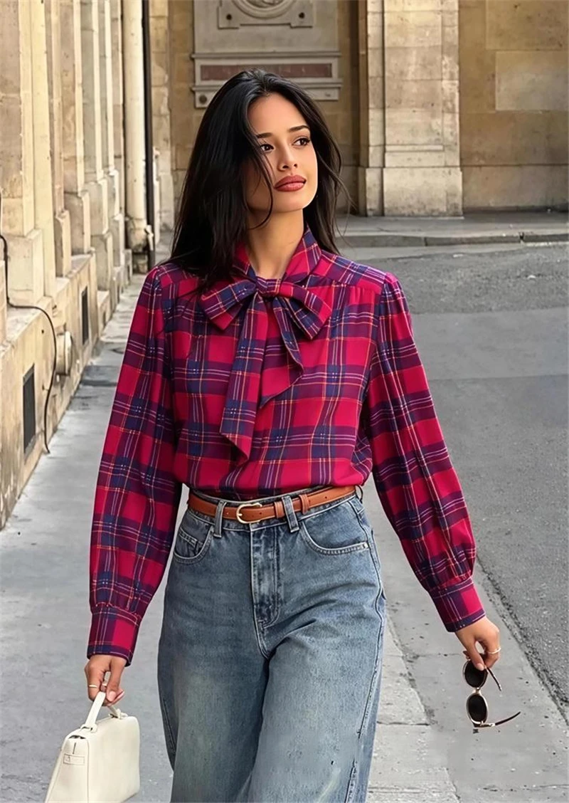 Guobioziy Women's Slim-Fit Plaid Long-Sleeve Shirt with Bow Decoration 2026 Spring and Autumn Western Casual Trendy Street Style