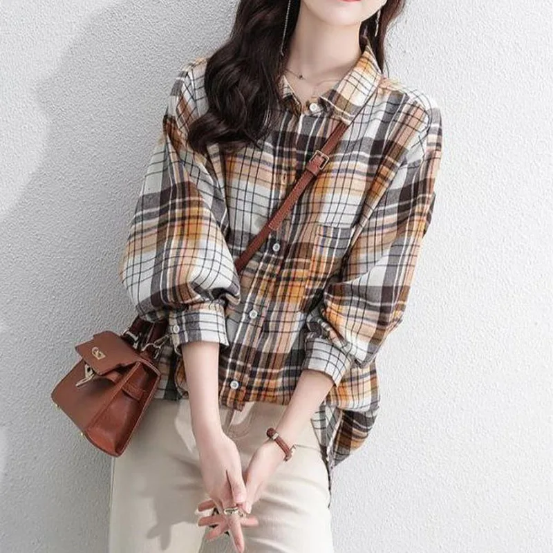 Spring Autumn Fashion New Long Sleeve Loose Plaid Blouse Women\'s Clothing Pockets Casual Single-breasted Turn-down Collar Shirt