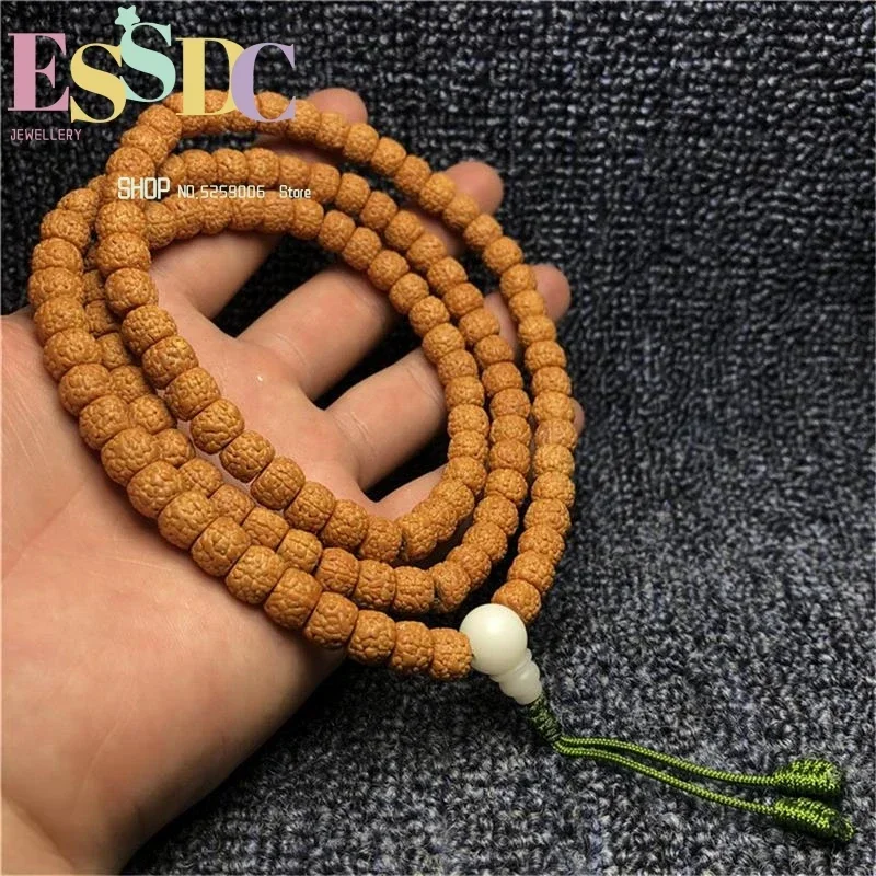 Trendy 108 Tibetan Yellow-skinned Rudraksha Dragon Scale Pattern Bodhi Seeds 6*8mm Female Buddha Beads Prayer Bracelet Dropship