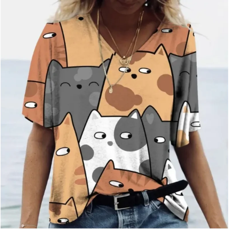 Summer New Women's Top Cartoon Pattern Personalized Street Trend Flow V-neck Short Sleeve Loose T-shirt Women's Explosive Street