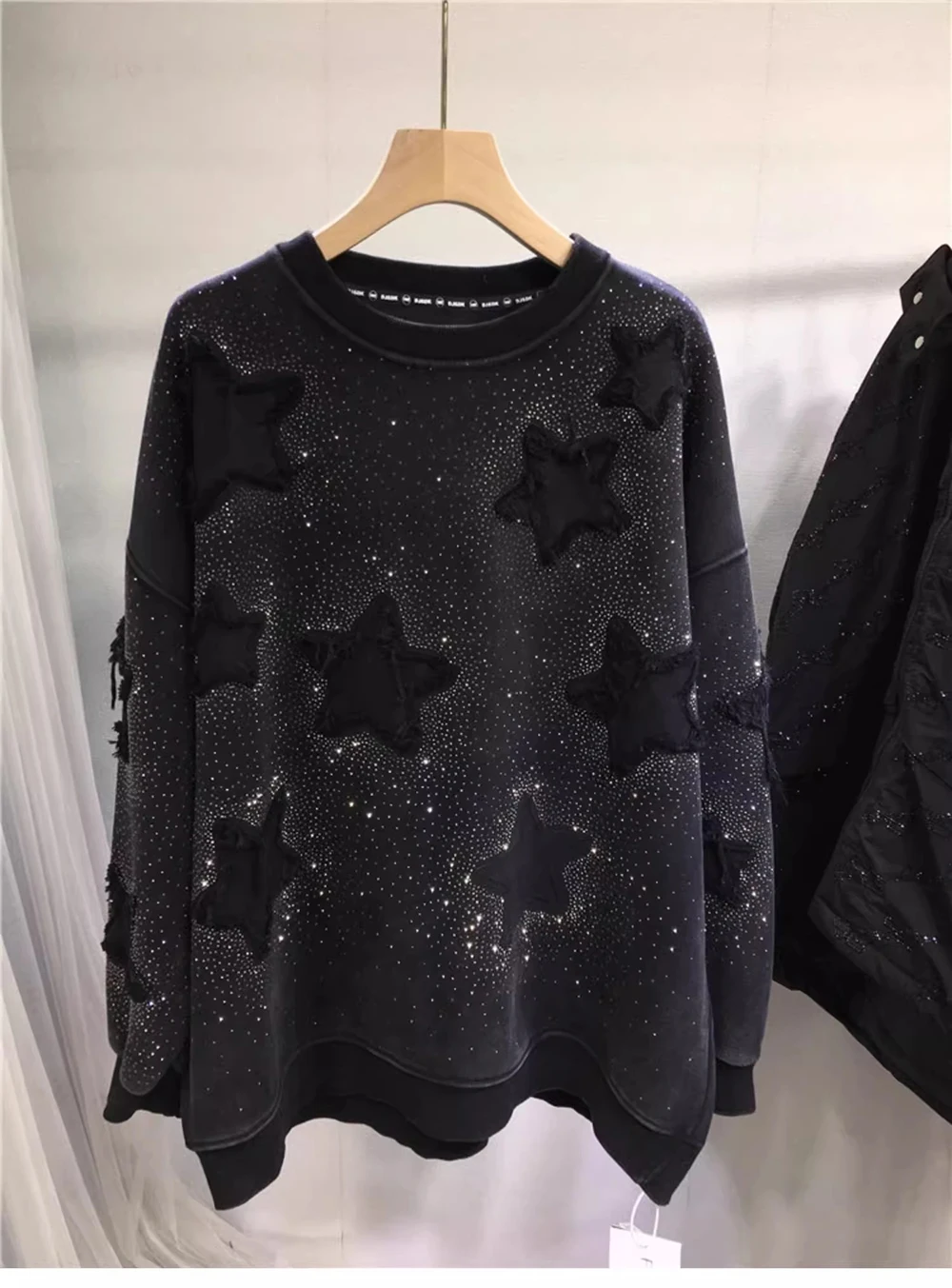 Women SweatShirts Star Round Neck Loose Black Long Sleeved Oversized Diamonds Top Thicken Casual Warm Spring Autumn Pullover