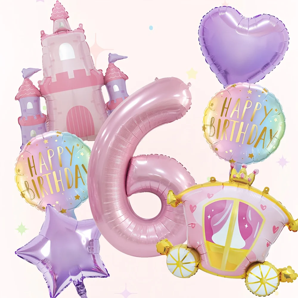 7-teiliges Prinzessinnen-Themen-Set mit Schloss und Kutsche, Aluminiumfolienballons für Geburtstagspartys und Babypartys, Luftballons und Dekorationszubehör – Detail 8