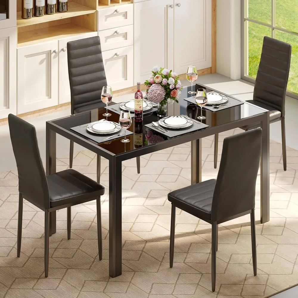 

5 Piece Glass Dining Table Set, Kitchen and Chairs for 4, PU Leather Modern Room Sets for Home, Kitchen, Living Room