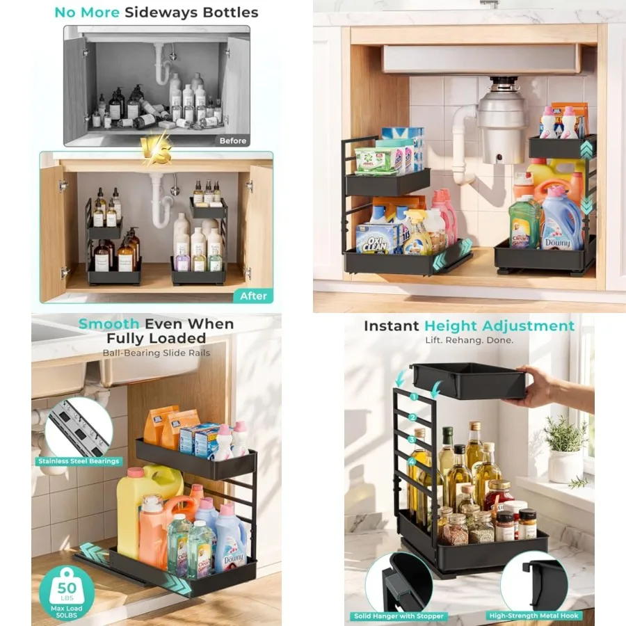 

Height Adjustable 2 Tier Metal Pull Out Slide Shelf Organizer for Under Sink Cabinets in Kitchen, Bathroom, with Snap-on Top Tr