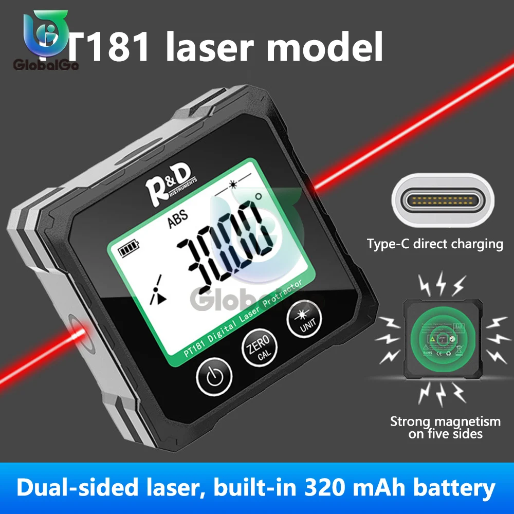 R & D PT180 PT181 Laserowy cyfrowy kątomierz kątomierz 3 w 1 Laser Level Box Type-C Ładujący miernik kątowy do domu