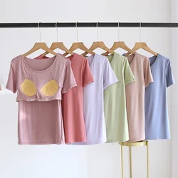 Nuevos pijamas de Modal de verano para mujer, camiseta superior de una pieza con almohadilla en el pecho, camisa de manga corta, ropa de dormir para el hogar para mujer