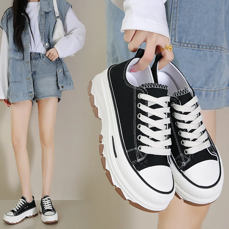 2025 Summer New Thick-soled Canvas Shoes Women's Height Increasing Shoes Black Niche Muffin Board Shoes