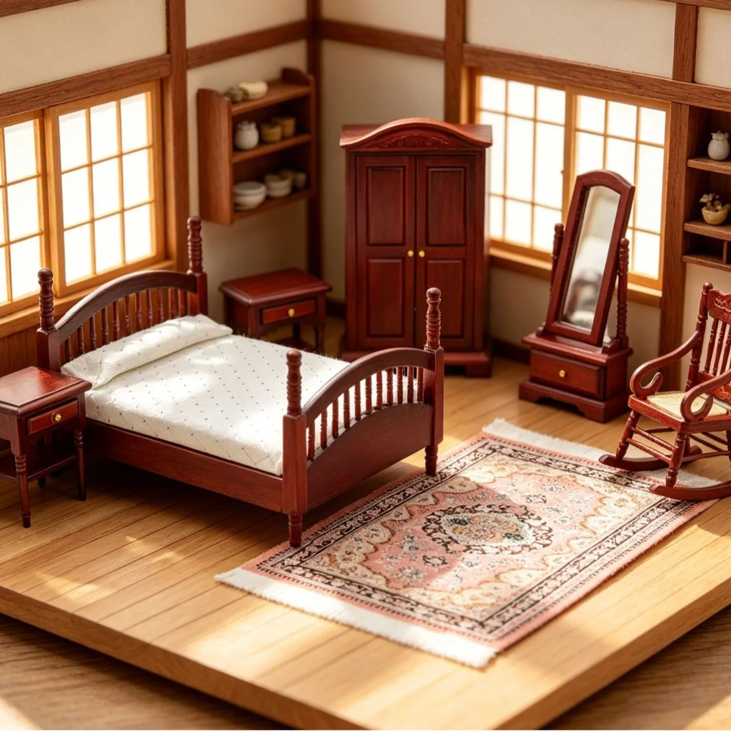 Dollhouse Miniature Furniture 1 12 Scale Wooden Bed 7 Piece Set OB11 Bedroom Scene Model Decor