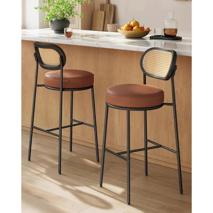 Bar Stools Set of 2 with Rattan Back and Metal Legs 30.1-Inch Tall Counter Chairs Modern Leather Upholstered Barstools for Kitc