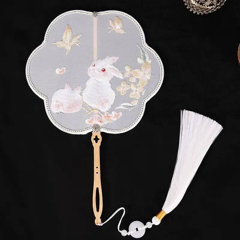 Classical Chinese Embroidered Fan round Shape Short Handle Long Handle Dance Fan Court Style Fan Traditional Handmade Craft