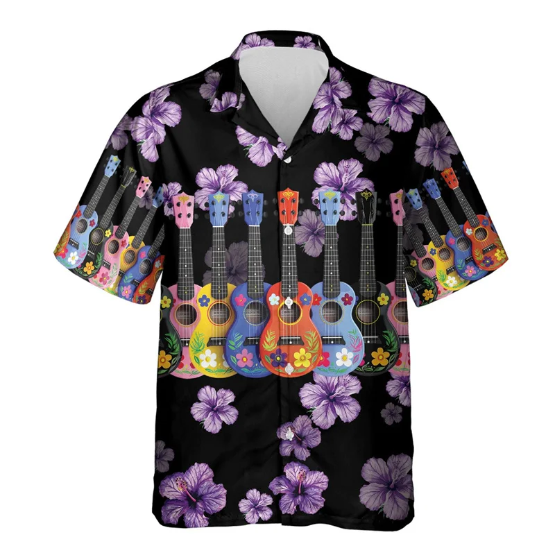 Men's Hawaiian Short Sleeve Shirt Colorful Ukulele Purple Hibiscus Print Youthful vitality chic Casual Summer Beach Daily Top