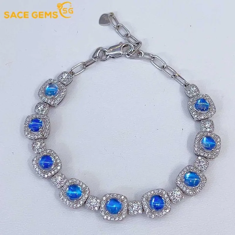 

SACEGEMS New 925 Sterling Silver Certified 5MM Natual Blue Moon Stone Bracelrts for Women Engagement Cocktail Party Fine Jewelry