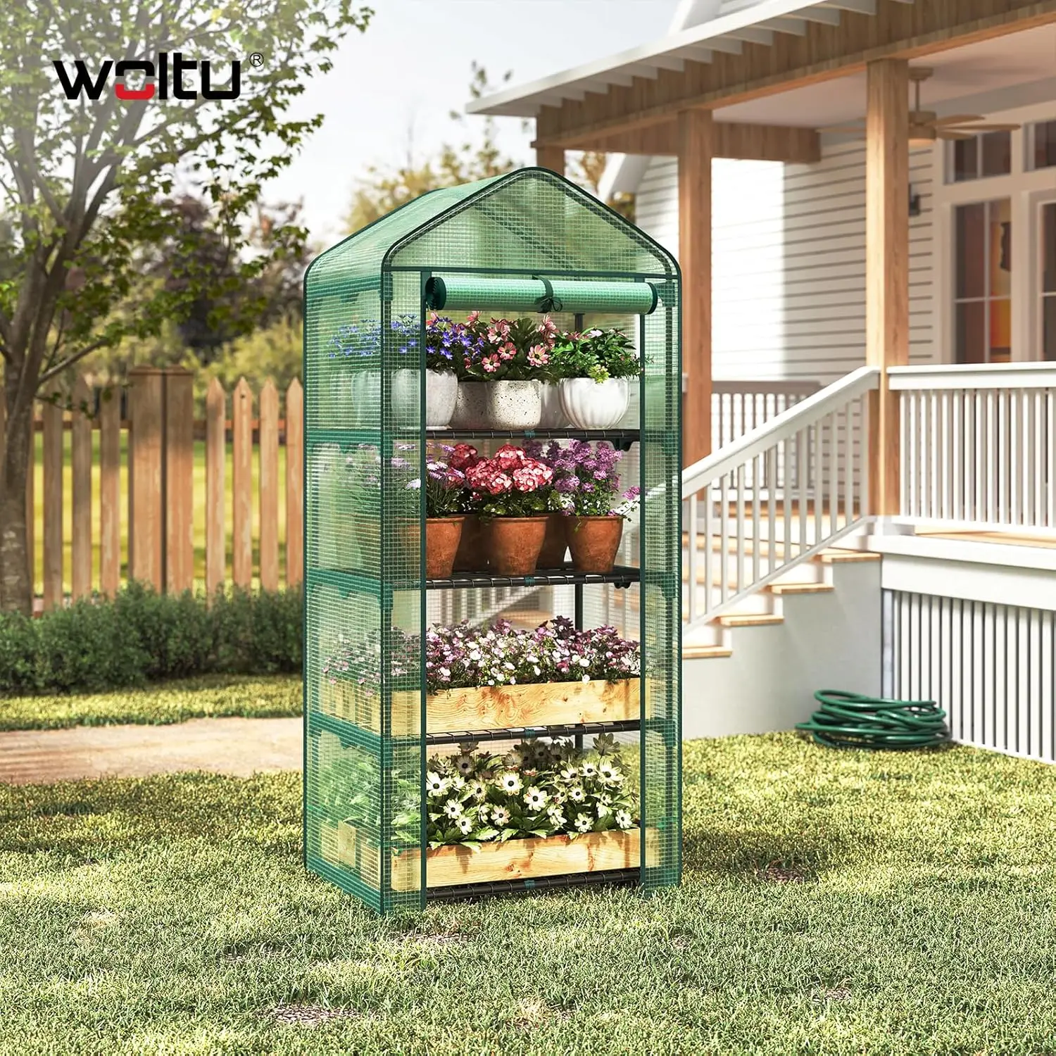 WOLTU Gartengewächshaus mit 4 Ebenen, 70 x 50 x 158 cm, UV-beständige PE-Abdeckung, warmer Wintergarten mit hochrollbaren Fenstern für Blumen und Pflanzen