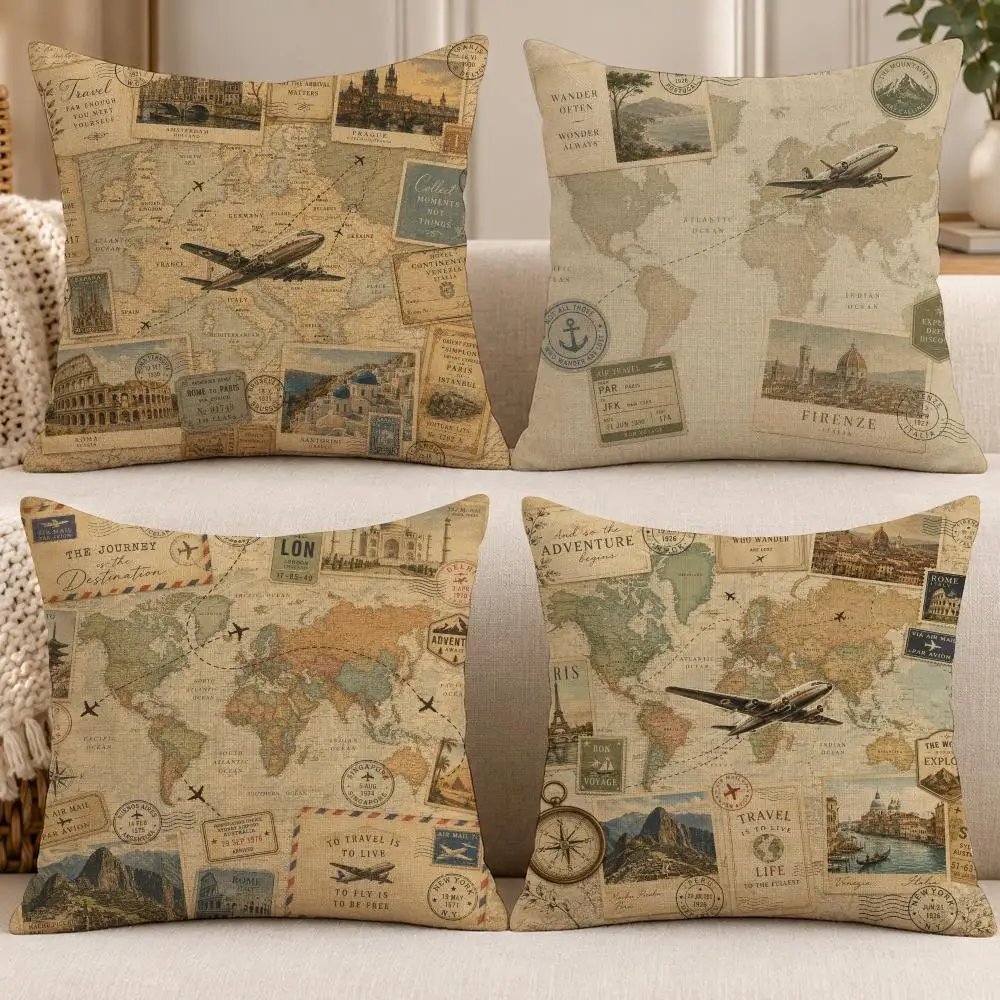 Art Travel V-Vintage Travel Map Collage Cushion Cover Soft Short Cover Washable Sofa Bed Dorm Garden Home Office Chair Decor