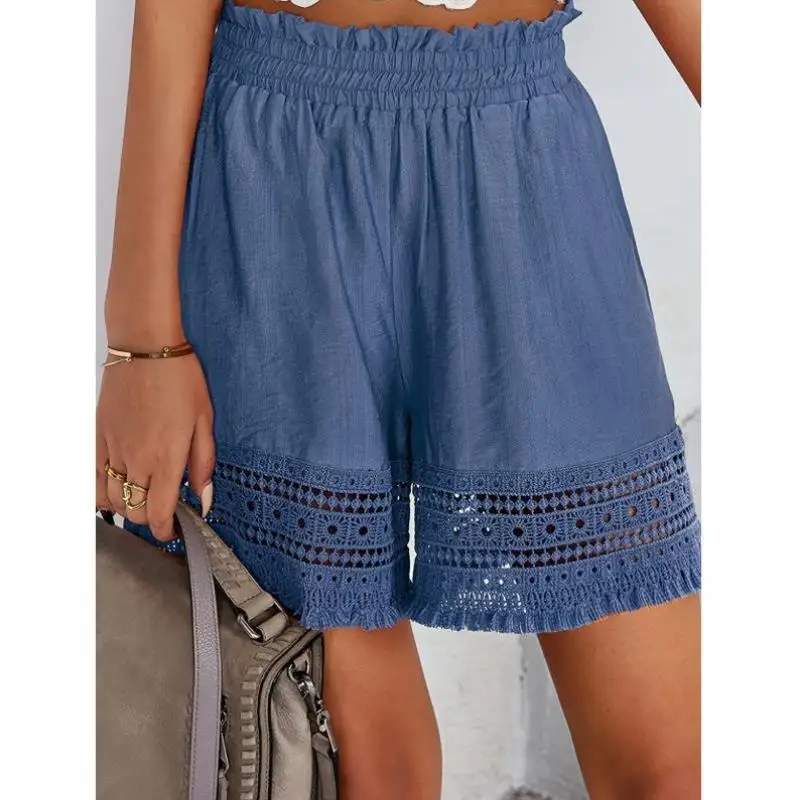 Women's n Pure Color Lace Hollow out Tassel ket orts Cross-Border New Sle Casual Pants Mid-Low Waist PVC Material