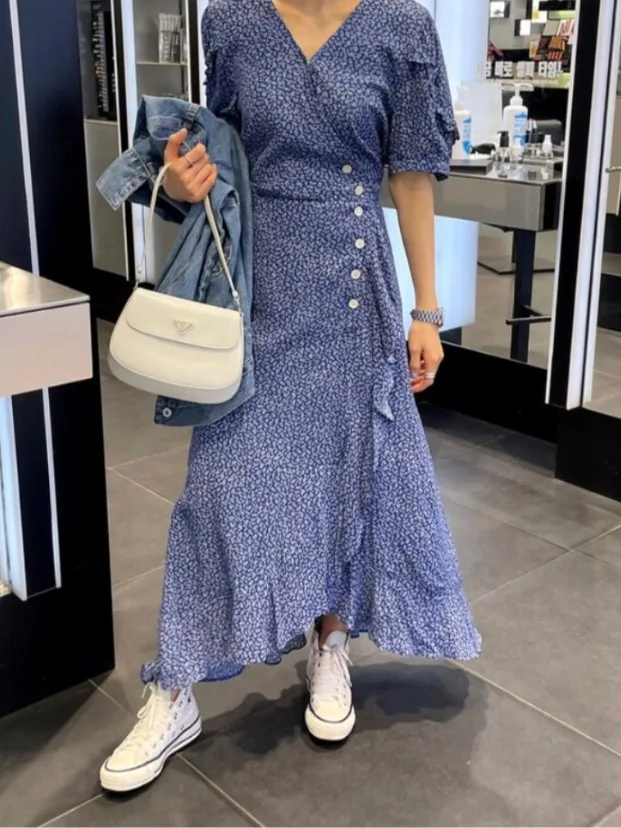 Ele Vintage Floral Dr Chic V-Ne Schlankheitsender einteiliger langer Rock ort Sve Damen Faion Summer Chinese Sle