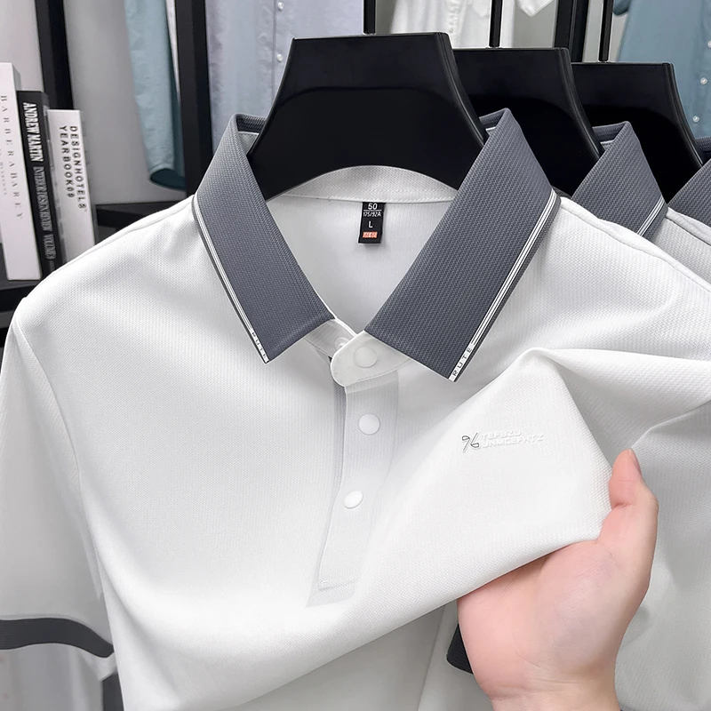 Premium ice silk short sleeve polo shirt luxury brand men's new letter embossed fashion color blocked summer breathable T-shirt