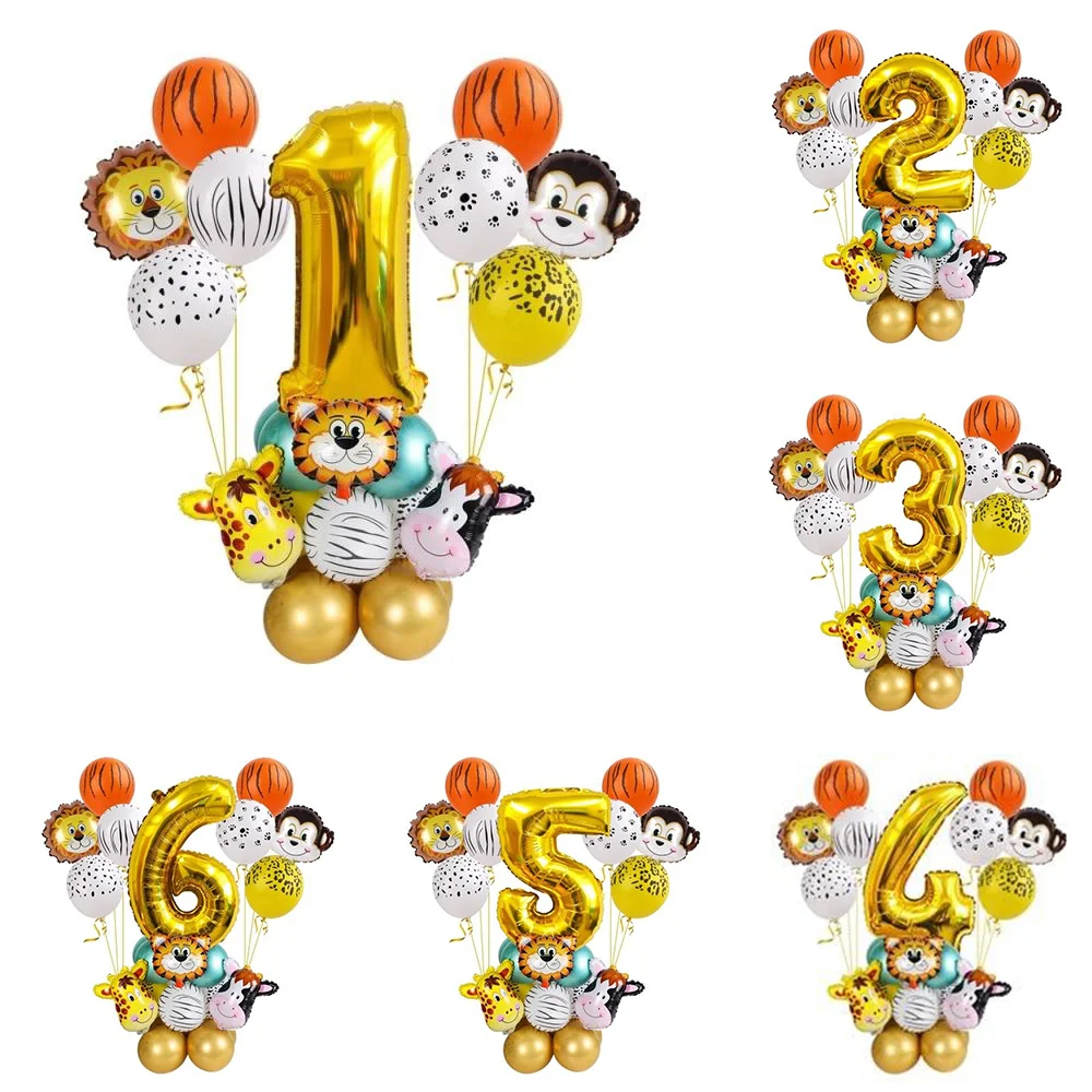 1 Set Jungle Animal Balloons Kids 1 2 3 4 5 6 Years Birthday Party Decorations Tiger Monkey Lion Foil Balloon Baby Shower Globos