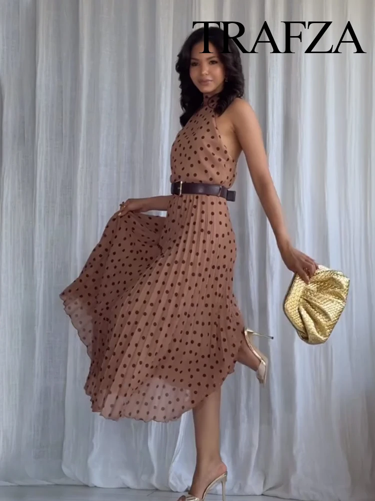 

HH Woman Elegant Neck Halter Polka Dot Print Pleated Dress 2025 Summer Women Fashion Sexy Sleeveless Backless Belt Dresses