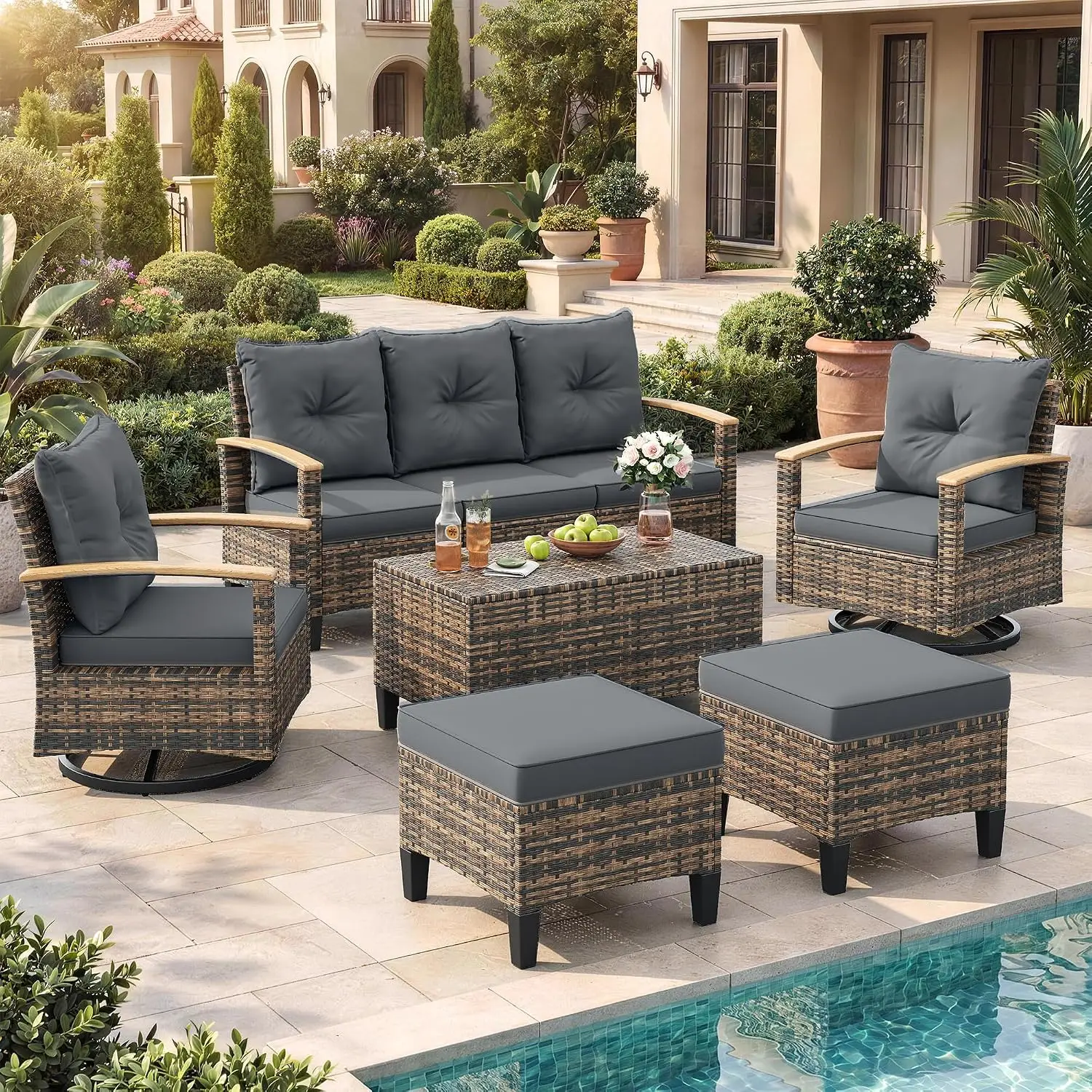 Patio Furniture Set With 360° Swivel Chairs, 6 Pieces Wider Armrests High Back Outdoor Wicker Conversation Set With, Customized