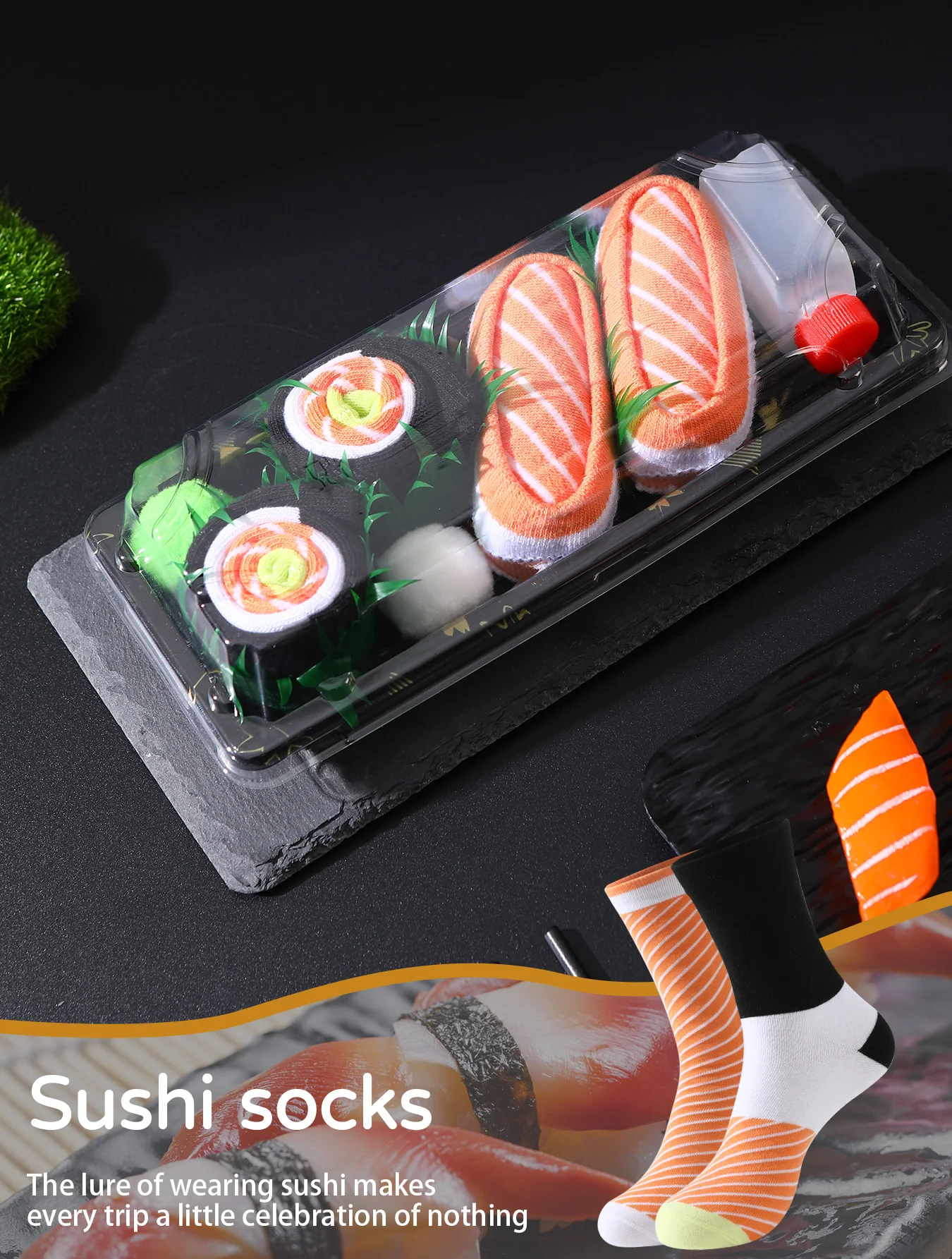 2 pairs of novelty and interesting salmon sushi socks gift box Christmas season style