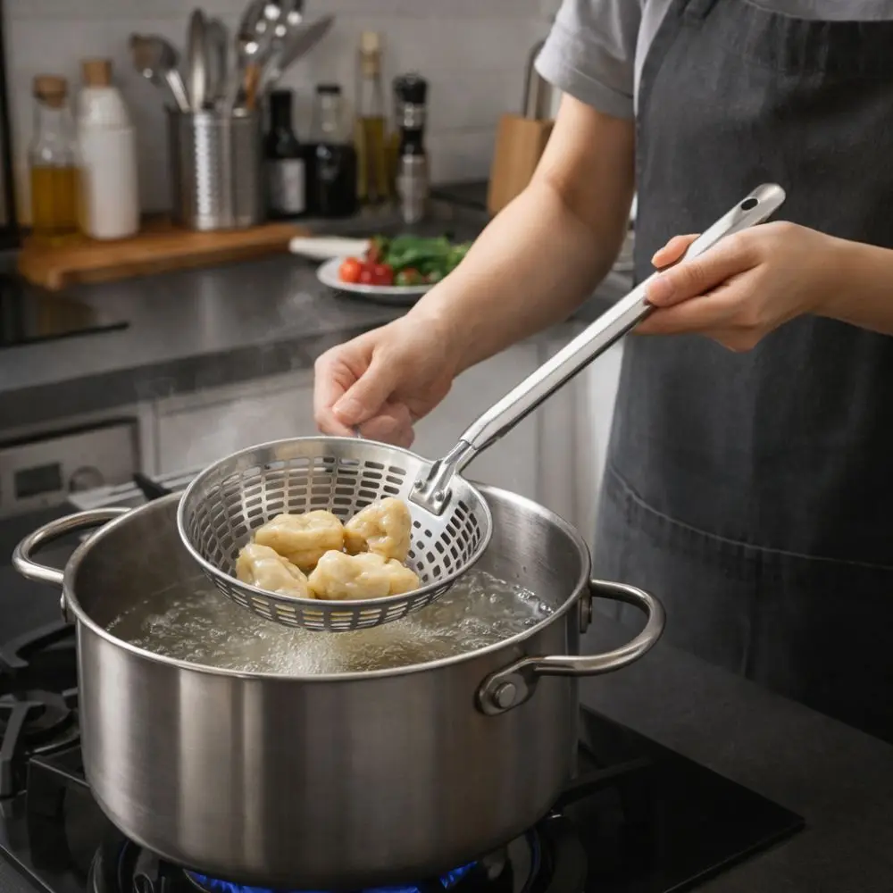 

Heat-Resistant Stainless Steel Colander Heavy Duty Mesh Strainer Kitchen Strainer Hanging Anti-scald Food Straining Spoon