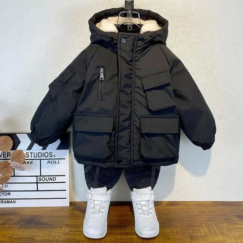 New Winter Down Cotton Jacket Boys Black Hooded Coat Children Outerwear Clothing Teenage 3-8Y Kids Parka Padded Snowsuit