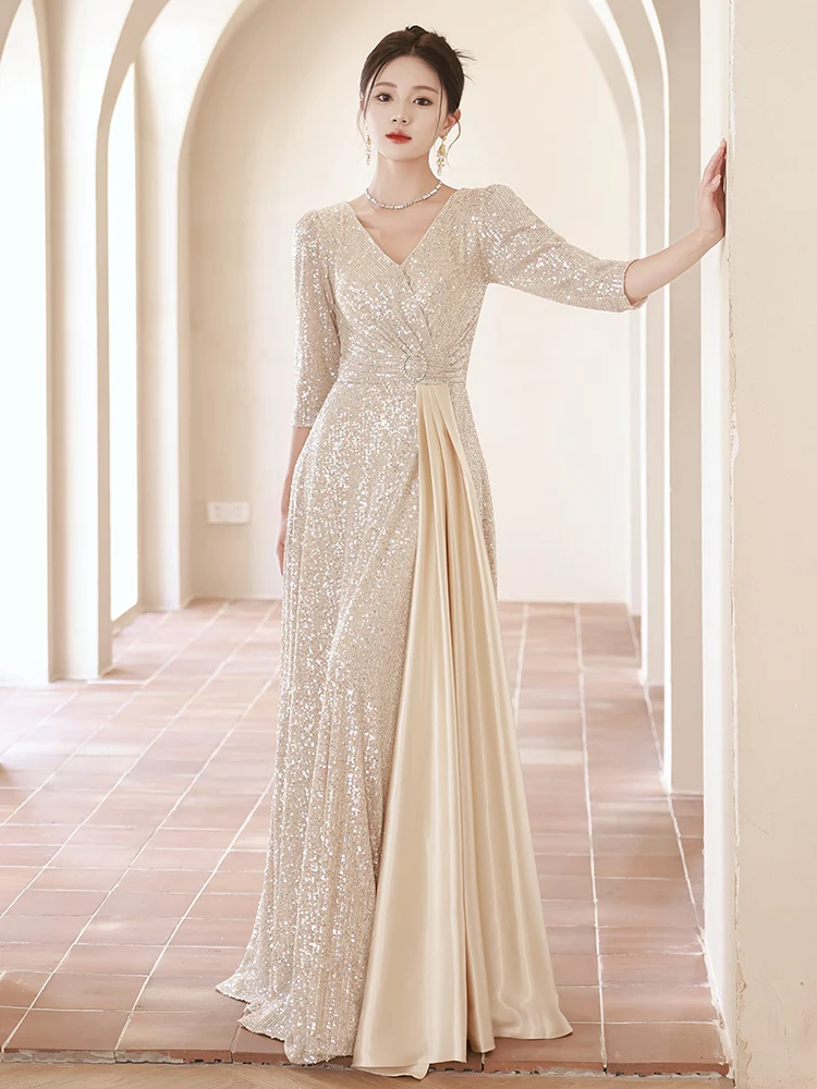 

Вечернее платье цвета шампань для женщин, новинка 2025 года, класса люкс, с пайетками, для выступлений и торжественных мероприятий
