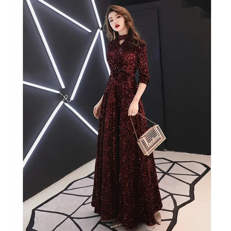 It\'s YiiYa Evening Dress Dark Wine Red Sequins Plus Size Three Quarter Sleeve Women Party Formal Gown vestidos de fiesta LF081