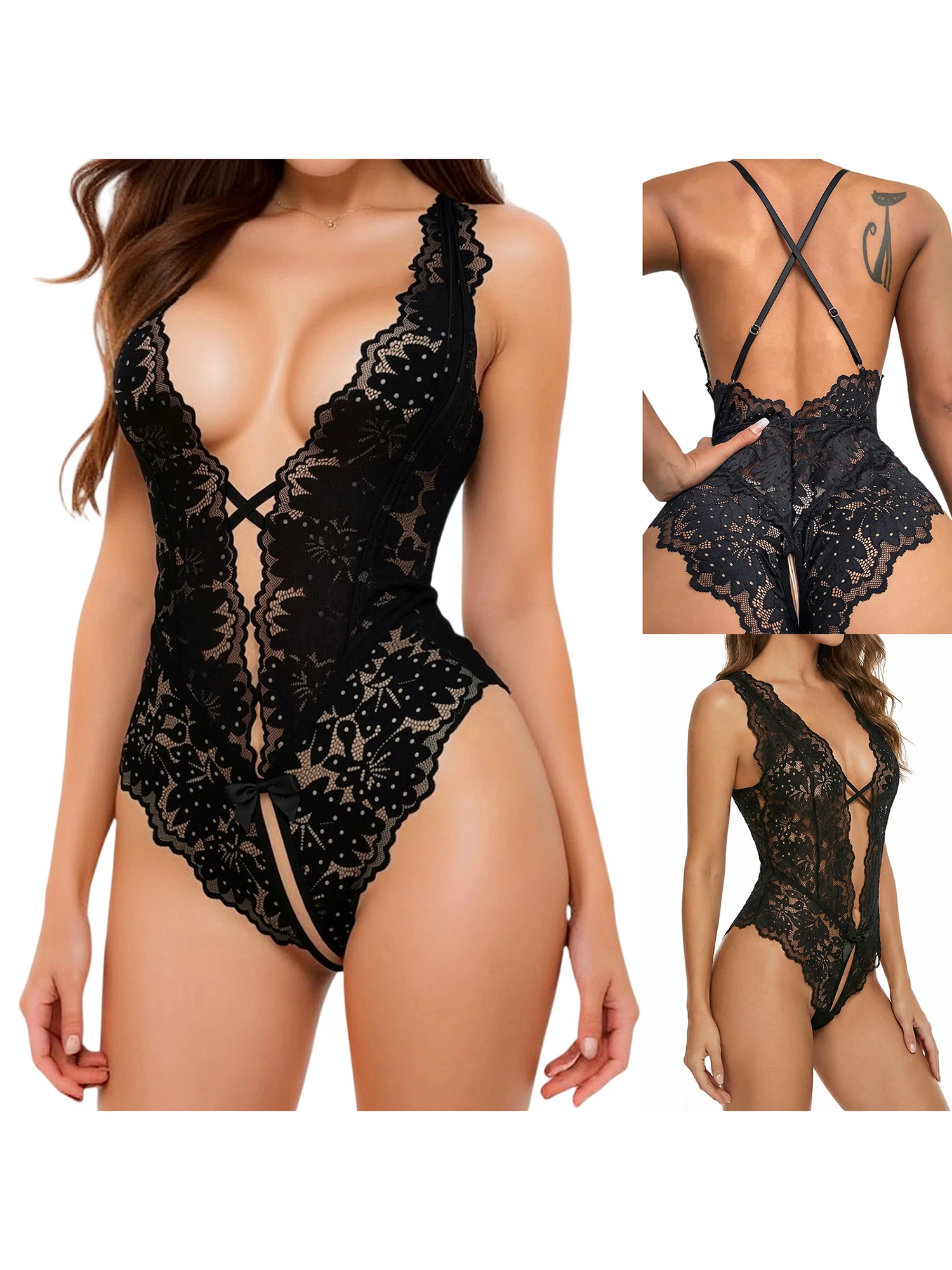 

Женское соблазнительное кружевное боди Тедди с глубоким V-образным вырезом без рукавов и цветочной вышивкой