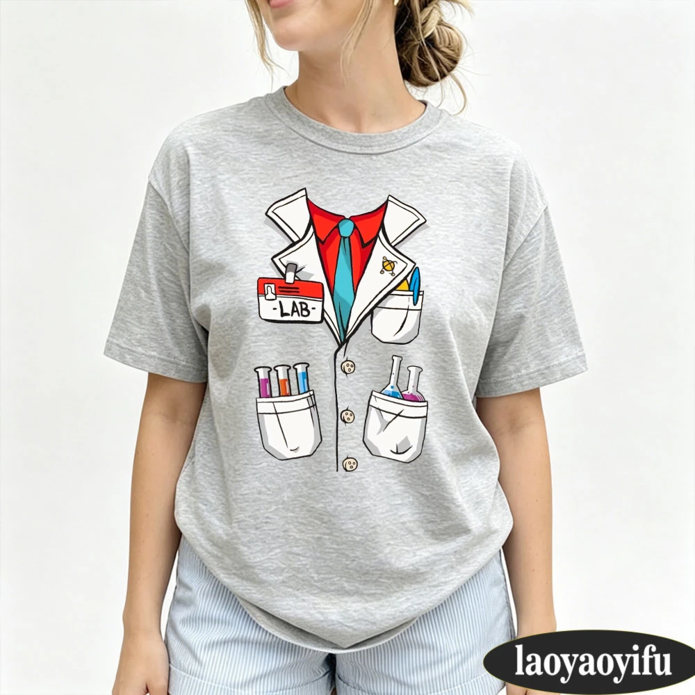 Funny Lab Technician Coat Test Tube Cartoon Print Women T-Shirt Cotton Casual Summer Unisex Daily Relax Short Sleeve Woman Tops