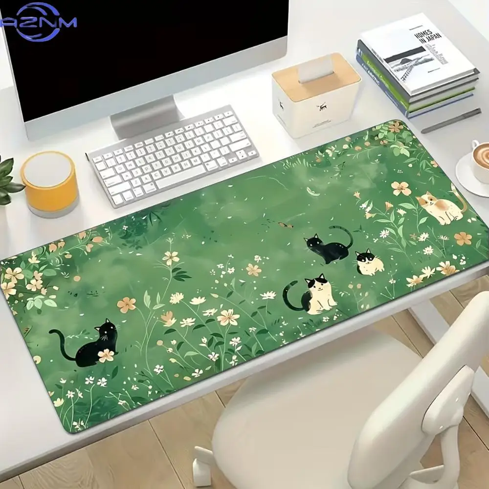 Floral Cute Cat Large Gaming Mouse Pad Non Slip Rubber Lock Edge Extended Desk Mat For Gamers Office Laptop Desktop Work Setup