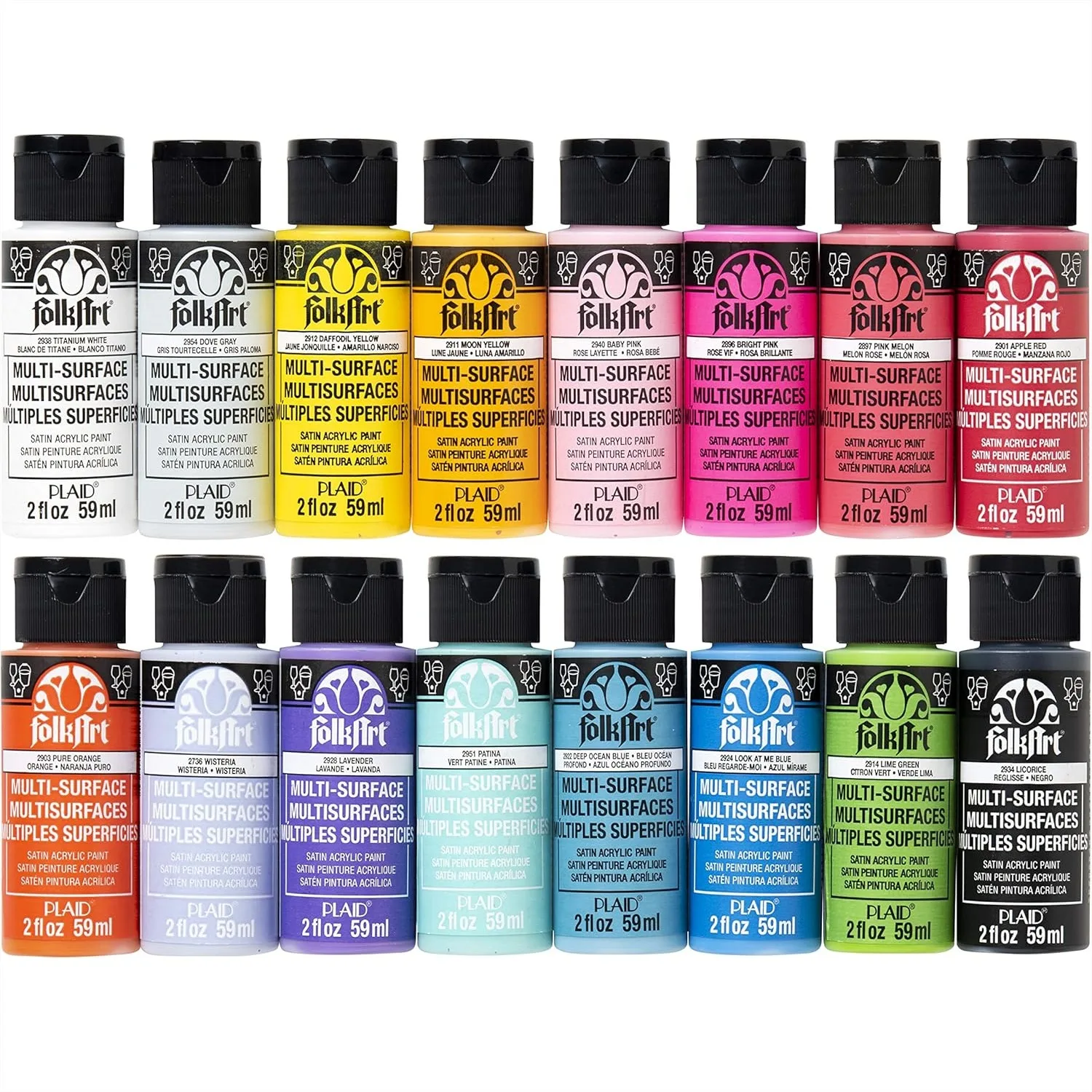 

Multi Surface Acrylic Craft Paint Set, 16 Colors 2 oz Each, Non-Toxic Water-Based Paint for Wood, Canvas, Paper, Styrofoam, with