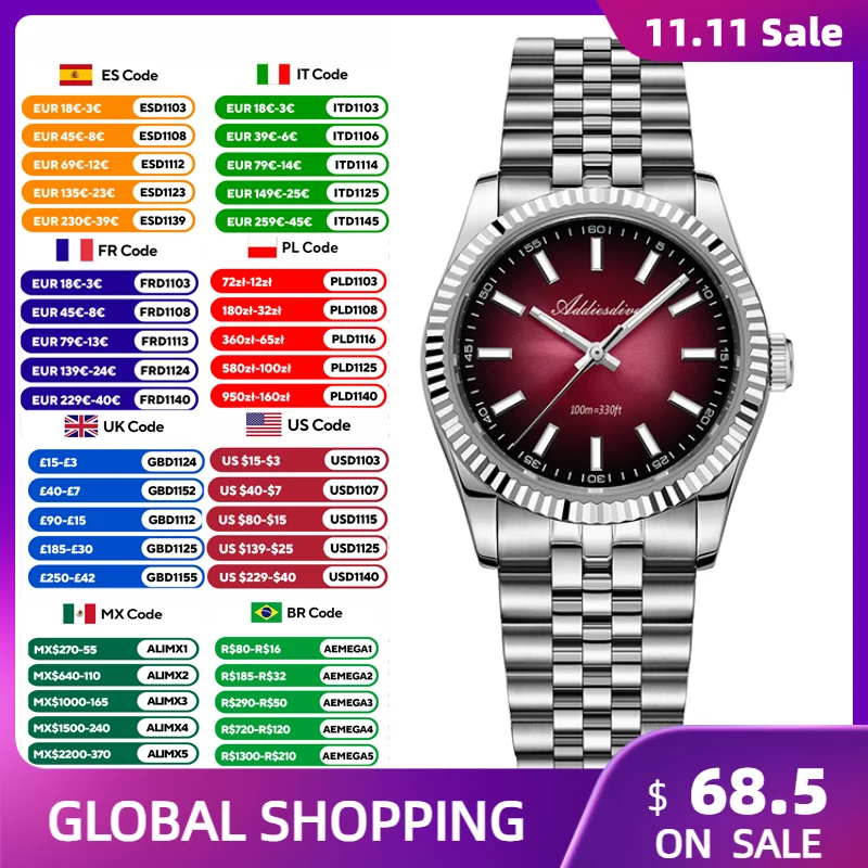ADDIESDIVE VH31 Luxury Quartz Watches For Men Sapphire Glass 36mm Sunburst Dress Watch 10Bar Waterproof BWG9 Luminous Wristwatch
