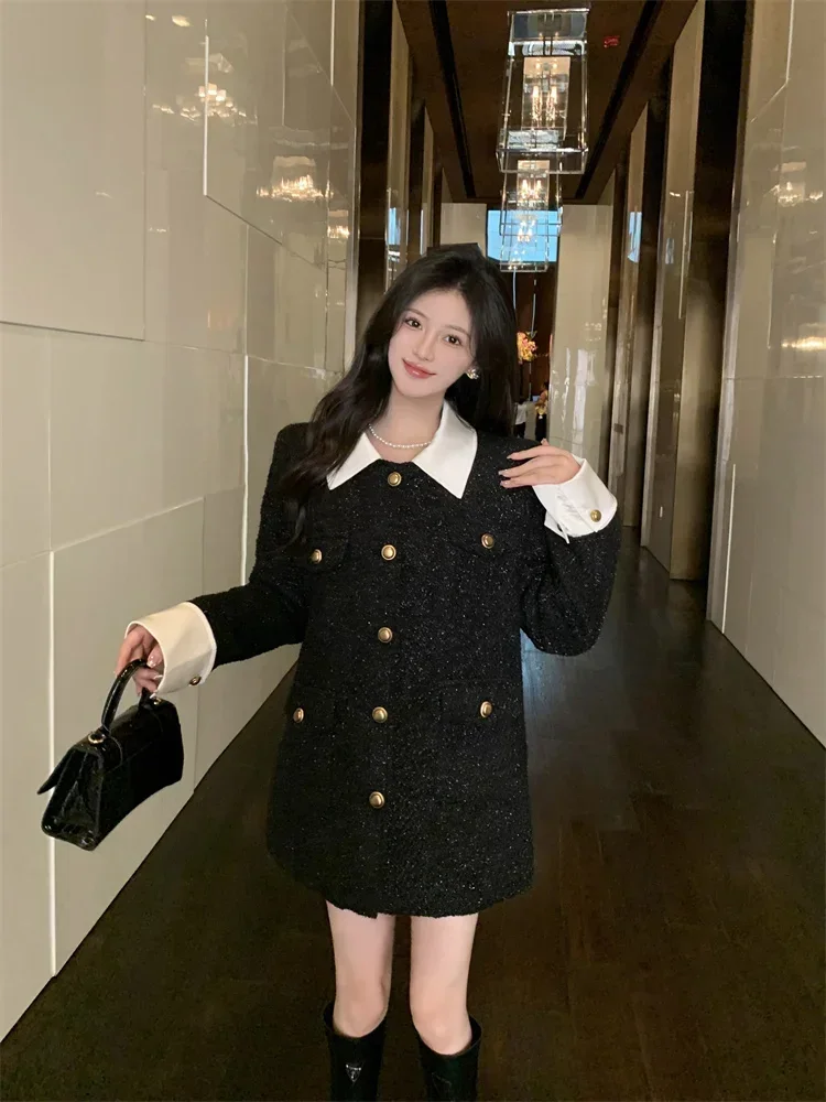 GkyocQ French Small Perfume Style Bright Silk Tweed Jacket Women's Fall and Winter Senior Sense Black Splicing Long Tweed Coat