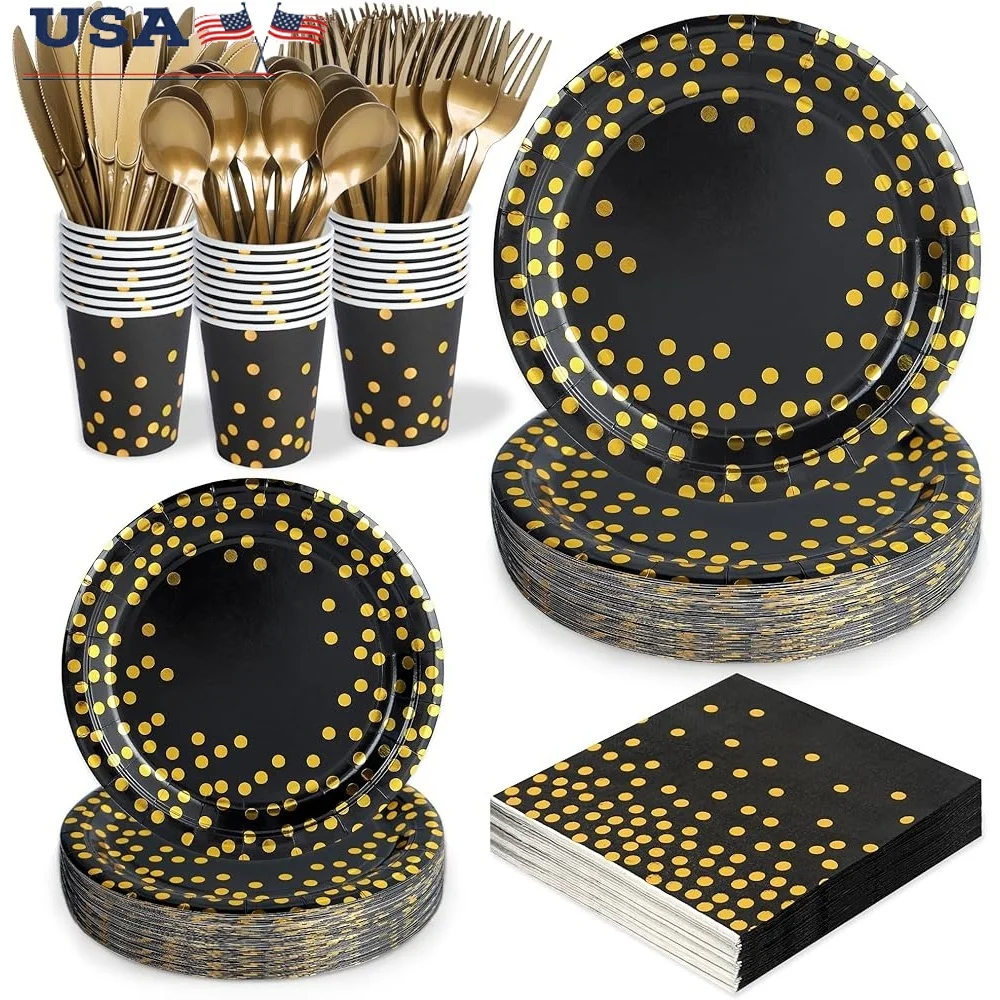 

175 Pcs Black Gold Party Plates Cups Napkins Set Disposable Tableware Birthday Celebration Dinnerware Foil Dot Design