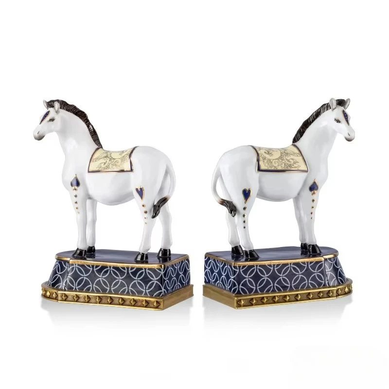 &c European-style French Design Ceramic Copper-inlaid Pony-Shaped Bookend Desktop Ornament Daily Gifts Semi-manual Crafted