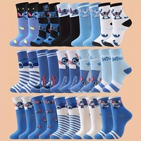 5/10 Pairs Of Disney Men's Socks Suitable For Both Men And Women Trendy Print Cute Blue Stitch Comfortable Casual Mid Tube Socks