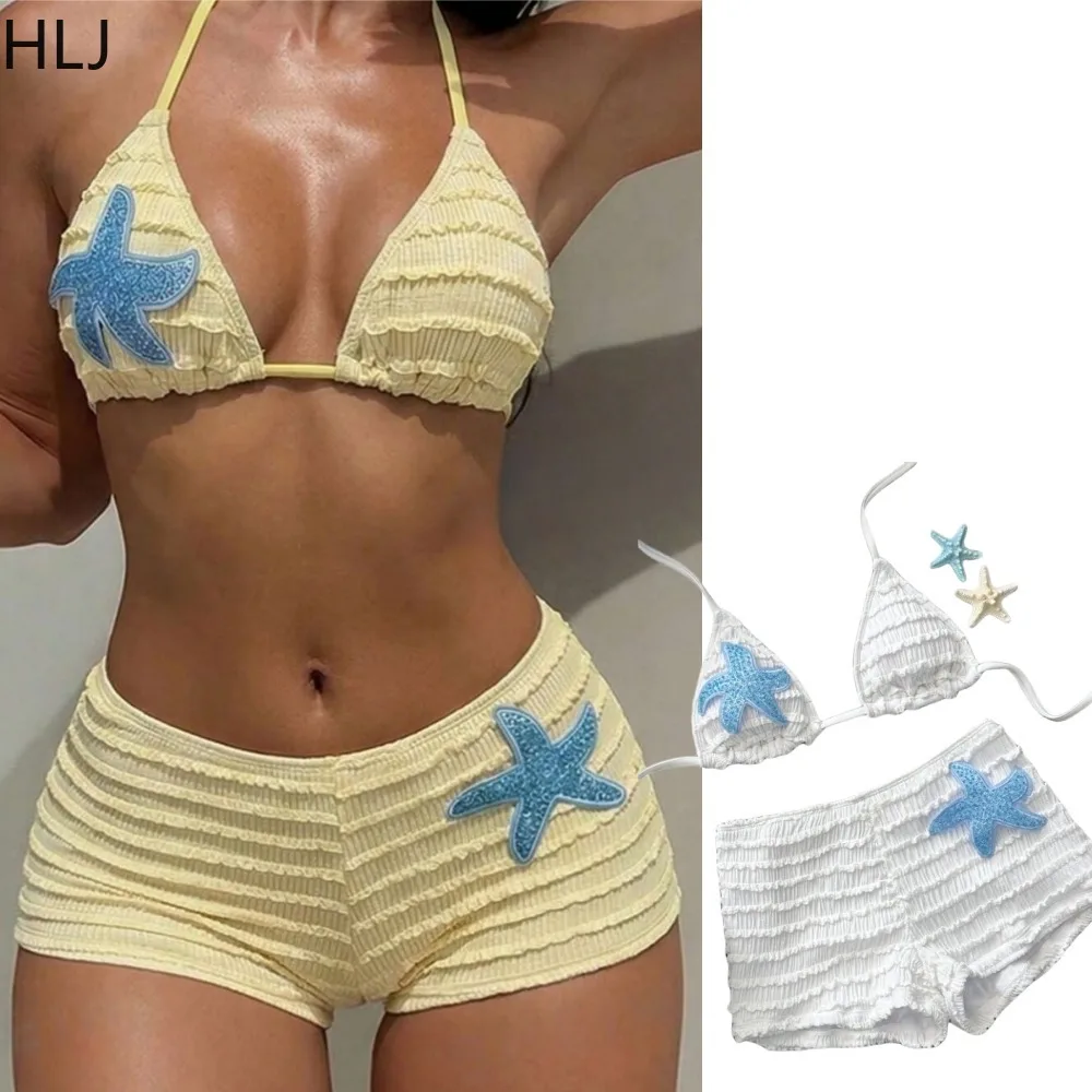 

HLJ Women 3 Piece Starfish Bikini Set Halter Triangle Top +High Waist Ruffled Shorts Bottom Swimsuit Slim Fit Suit for Beachwear