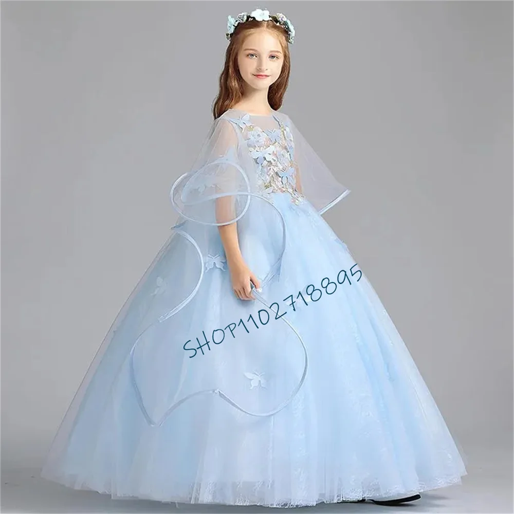 

Flower Girl Dress Blue Fluffy Tulle Applique Frilly Wedding Lovely Flower Child Holy Communion Birthday Party Princess Dress