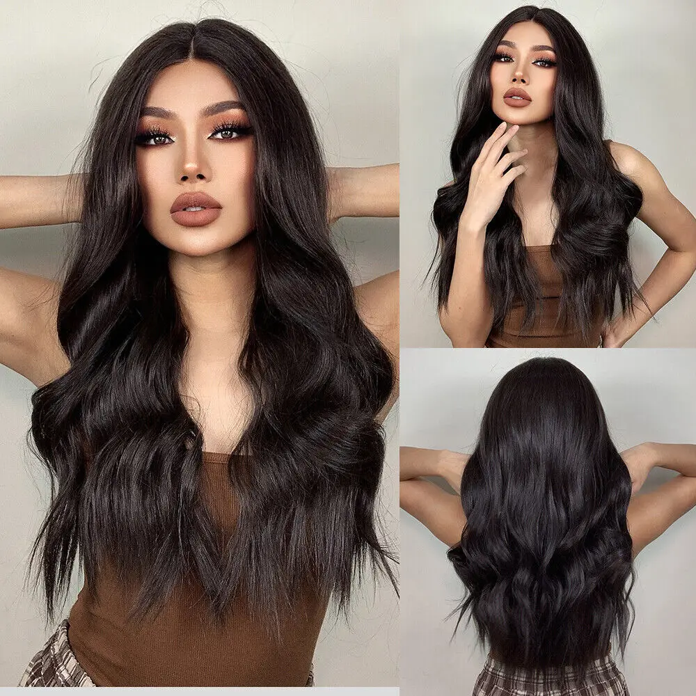 

Long Wavy Natural Dark Brown Hair for Women Middle Part Daily Use Wigs