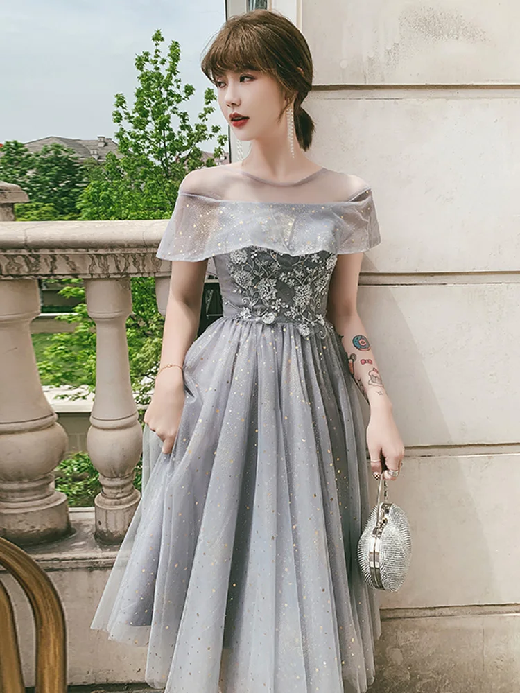 

Ele ey Evening Dr Birthday Girl's Canion Maid of Celebri Chic Mid-Length U-Neline Polyester Fiber