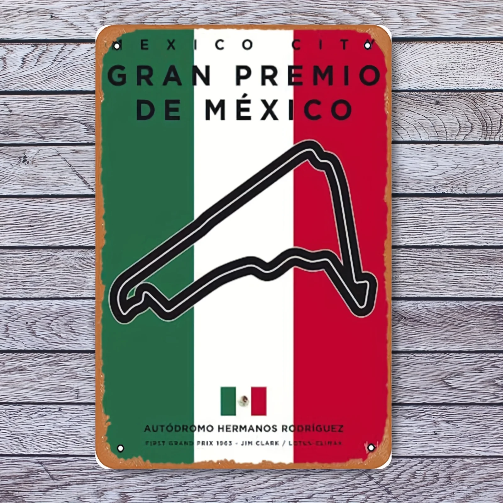 Vintage-Style Mexico Race Track Metal Sign -  Unframed, Traditional Iron Wall Art with Mexican Flag Design, Perfect for Home &